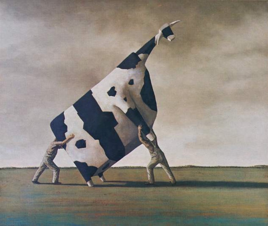 John Kelly: Two Men Lifting a Cow, oil on canvas, 1995