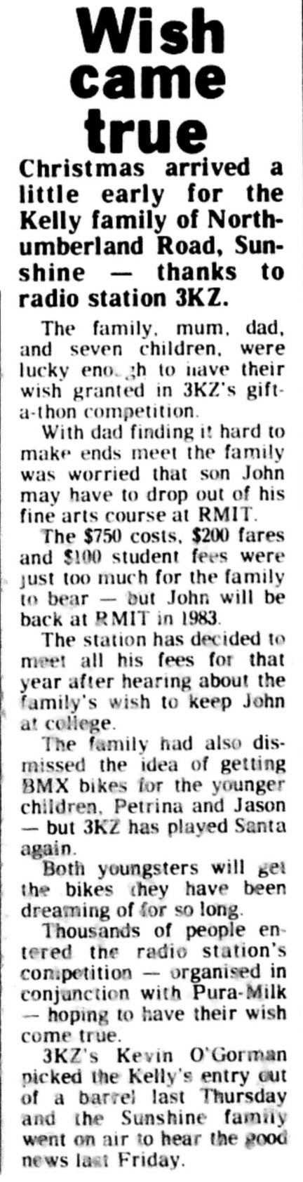 Wish came true article from Sunshine Western Suburbs Advocate 21 December, 1982