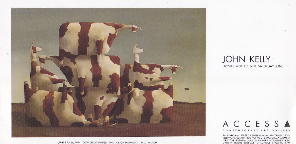 Exhibition at ACCESS Contemporary Art, 1994 – invite to the opening • the image is of the painting ‘Cow depot painted’, 1993, oil on marine ply, 118 x 178.5 cm; it depicts eight or so brown-and-white cows in a heap in an airfield setting (there's a wind sock on a pole in the distance)