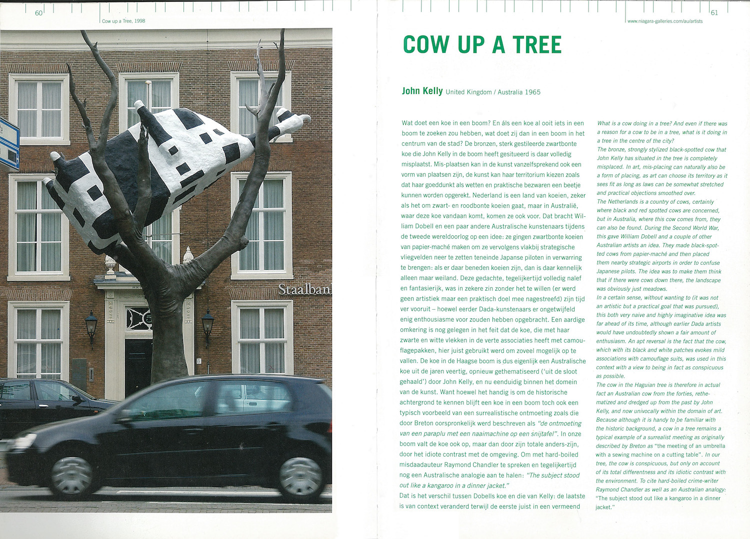 Cow up a Tree, The Hague; parallel text in Dutch then English; two-page spread; on the left page there is a photo of Cow up at Tree installed on a city street, with a black car passing in the foreground and a very neat three-storey building behind the sculpture
