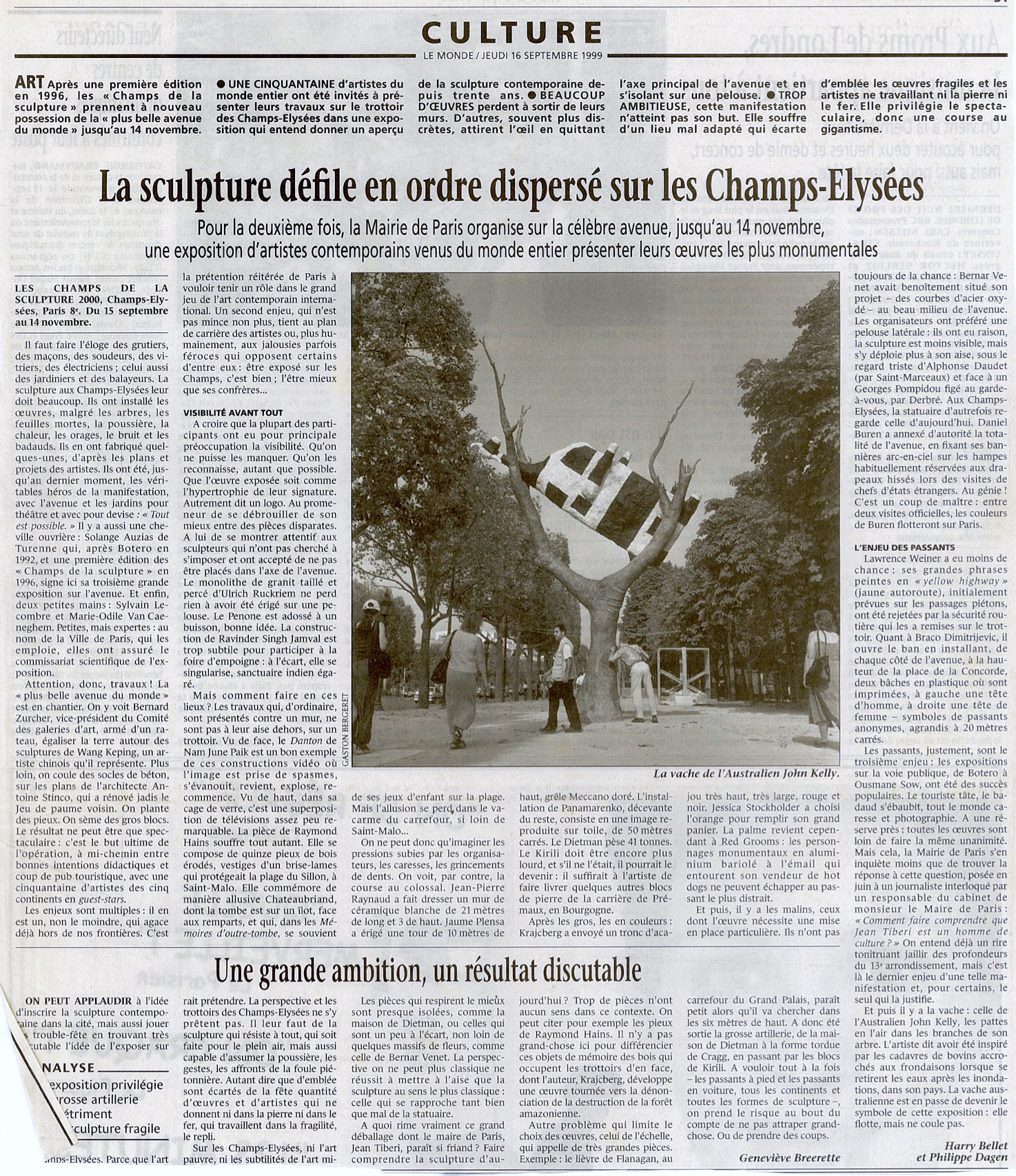Harry Bellet and Philippe Dagen, ‘La sculpture défile en ordre dispersé sur les Champs-Elysées’, Le Monde, 16 September 1999; full-page newspaper article with ‘Cow up a Tree’ the central image, in black-and-white