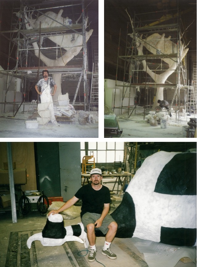 John Kelly with Cow up a Tree, Coubertin Foundry, Paris – three images showing work in progress
