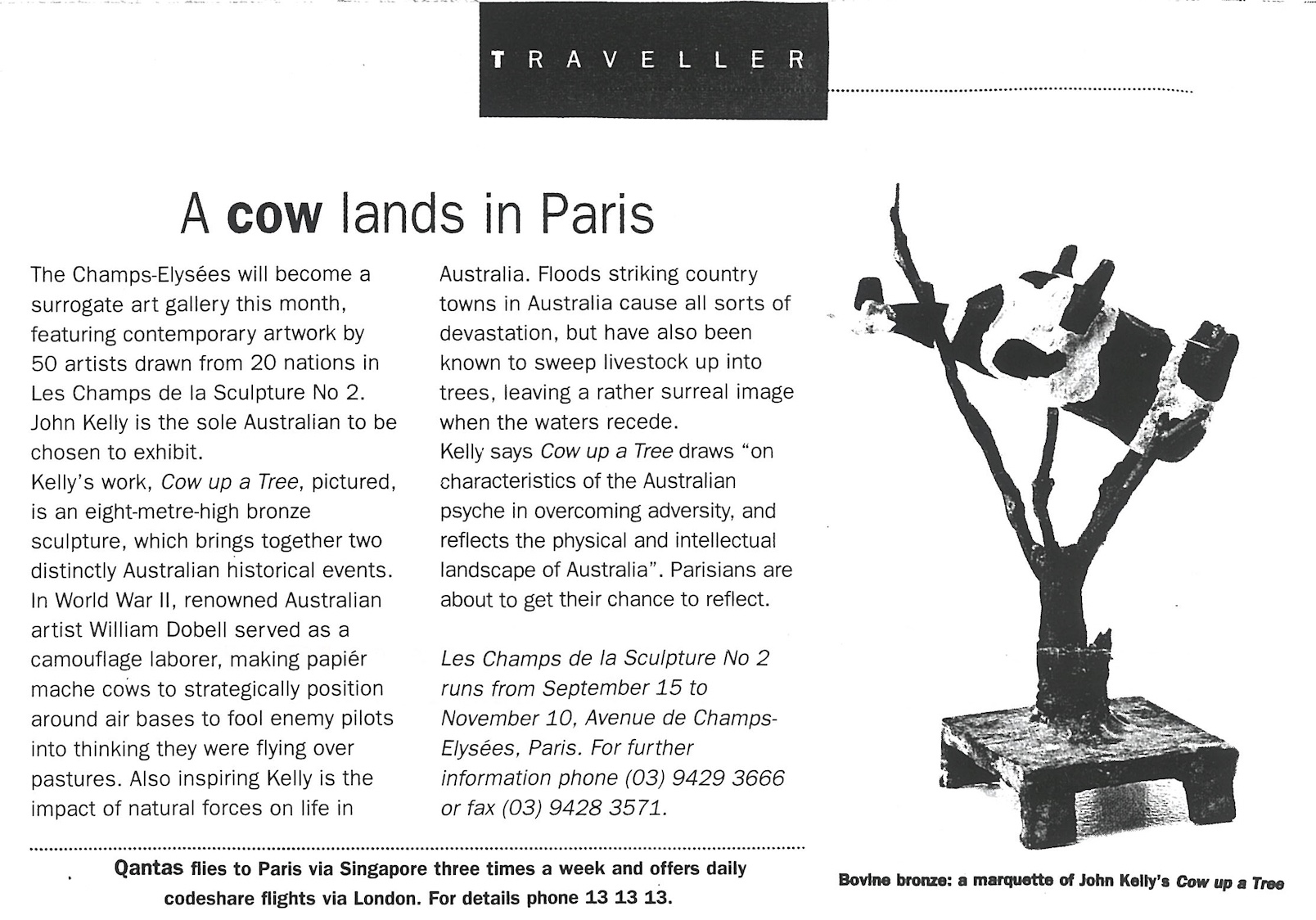 Quantas in-flight magazine re Cow up a Tree, with text titled ‘A cow lands in Paris’ and an image of a maquette for ‘Cow up a Tree’
