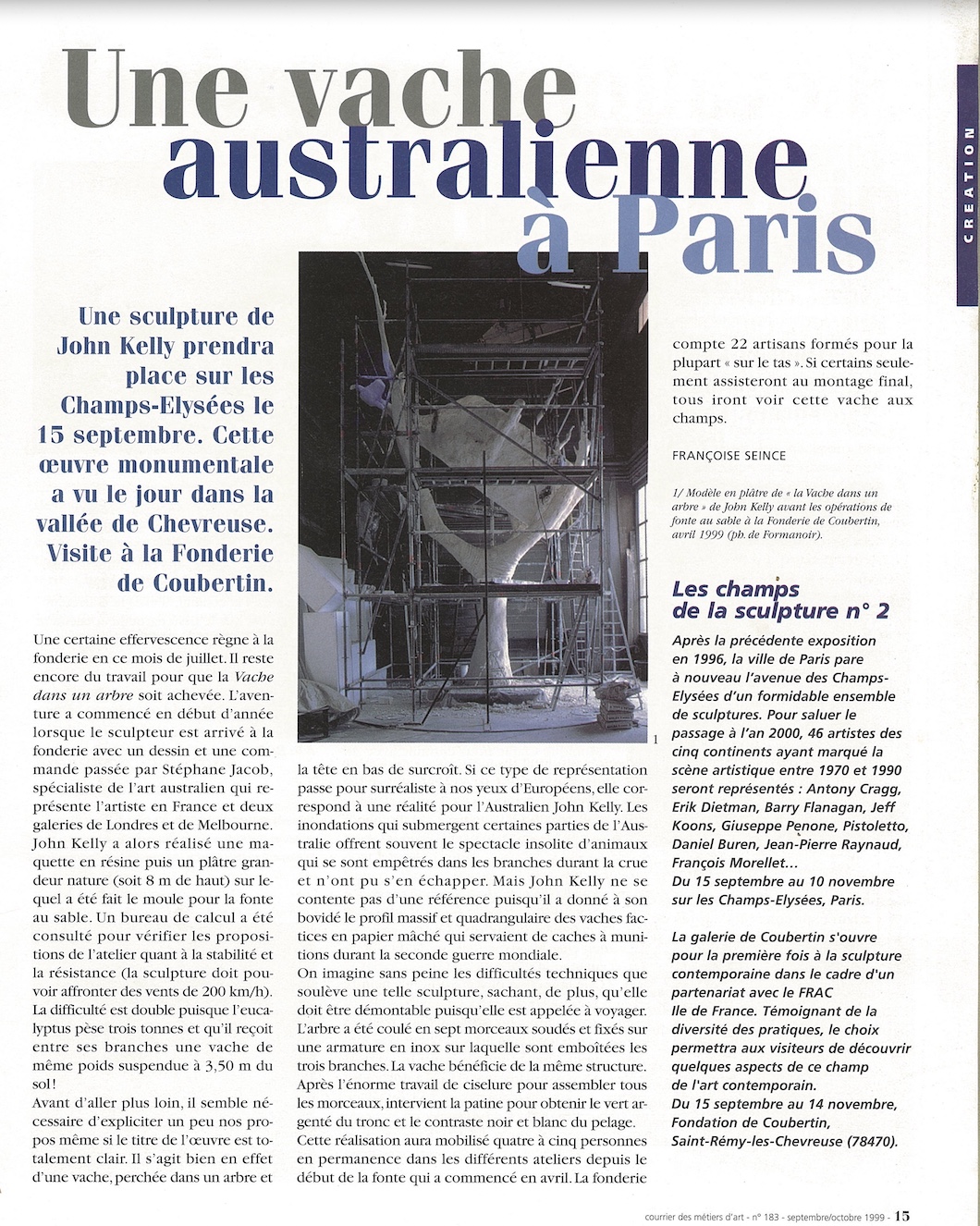Françoise Seince, ‘Une vache australienne’, Courier des Métiers d’Art, no 183, sept / oct 1999; scan of a one-page article, which features text and an image of the sculpture in the Coubertin foundry