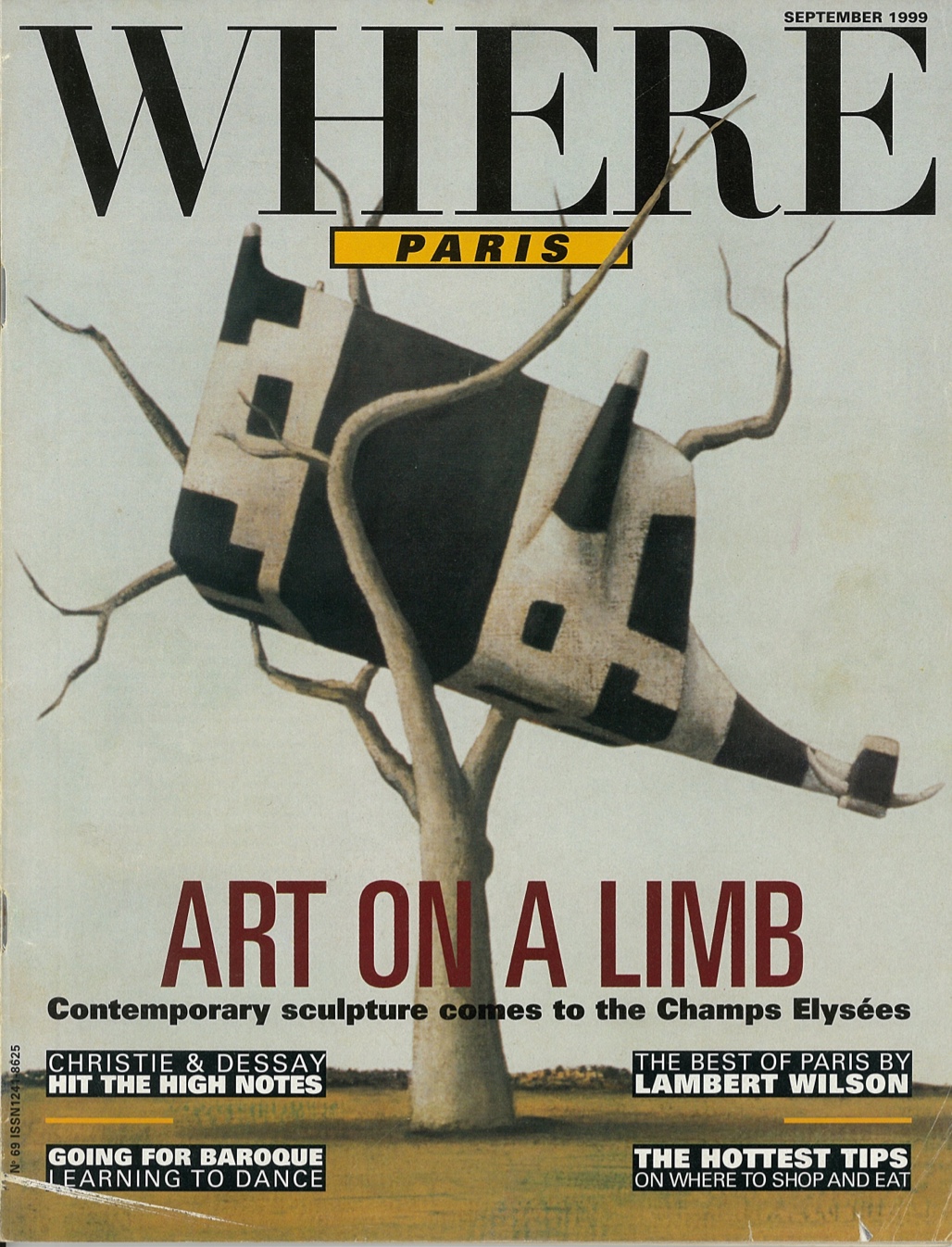 Painted version of ‘Cow up a Tree’ on the cover of Where Paris, September 1999; apart from superimposed text, the entire cover is of one of John Kelly’s ‘Cow up a Tree’ paintings; the main title reads ’Art on a limb: Contemporary sculpture comes to the Champs Elysées’